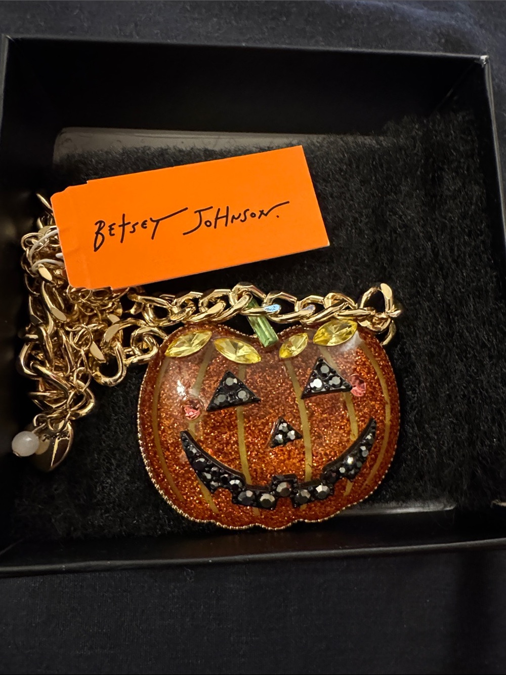 Betsey Johnson Halloween Gold-Chain Pumpkin Pendant Necklace with Orange Glitter